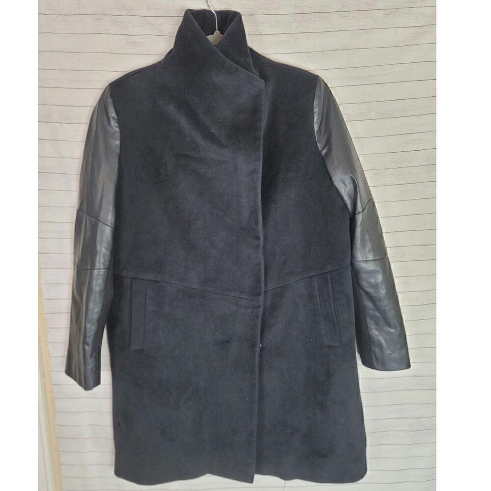 VERA WANG FAUX LEATHER & WOOL TRENCH PEA COAT IN BLACK, SZ LARGE